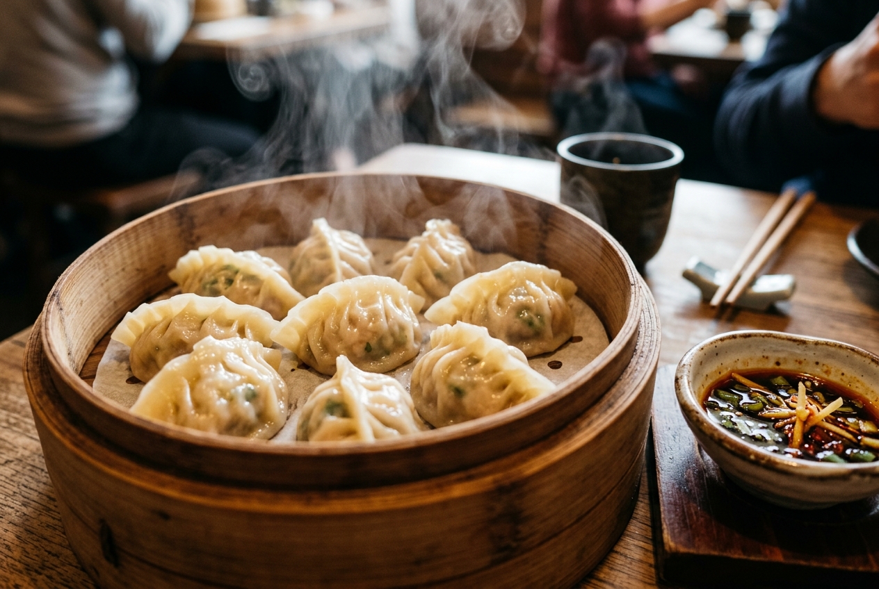 Frische gedämpfte Jiaozi Teigtaschen im Bambusdämpfer